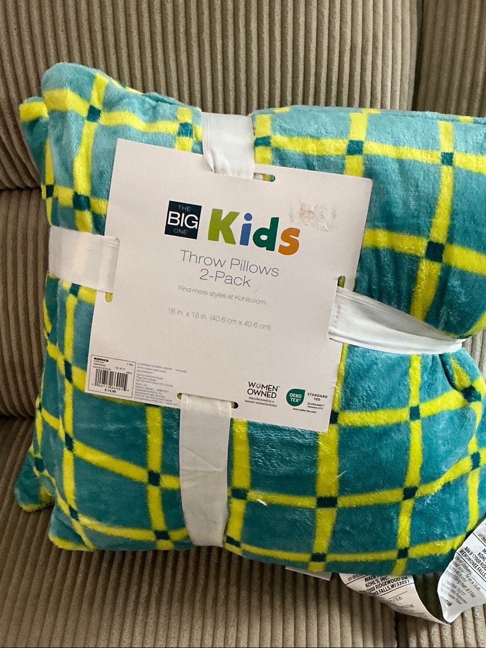 The Big One Kids Plaid Plush Throw Pillows - Teal & Yellow